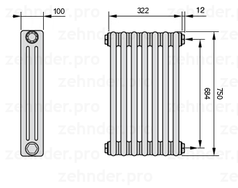 Схема (чертеж) Радиатор Zehnder Charleston 3075/7 №7610 Белый глянцевый RAL 9016
